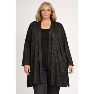 Lisa Marlen‎ Cardigan Plus Black Gold Metallic Geometric Open Front Duster Party